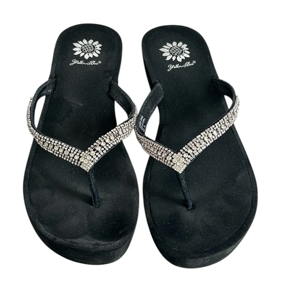 Yellow Box Black Sandals with Rhinestone Embellishments - Picture 8 of 12